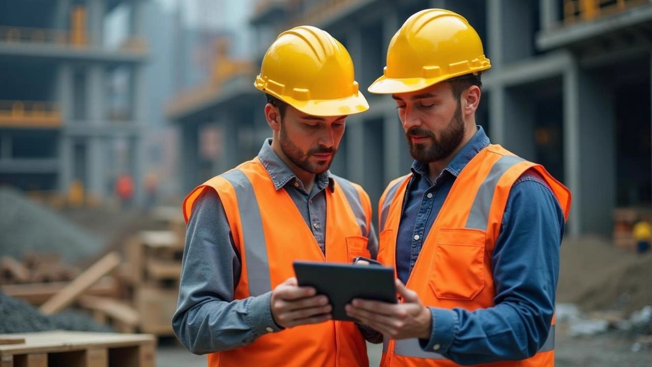 Construction workers reviewing safety program on a tablet